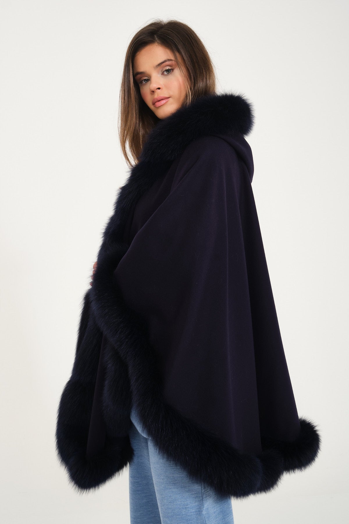Dark Blue Wool & Fox Fur Poncho