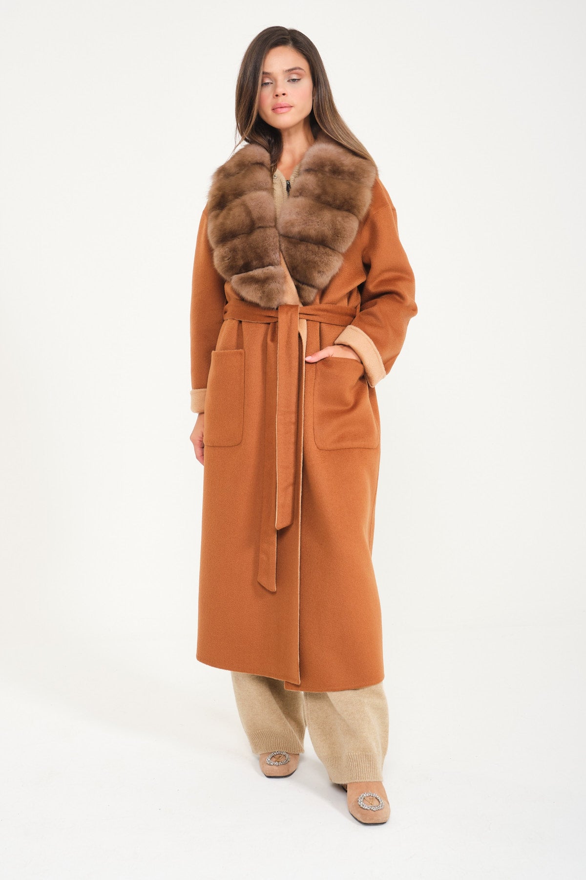 Cinnamon / Beige Wool Long Coat