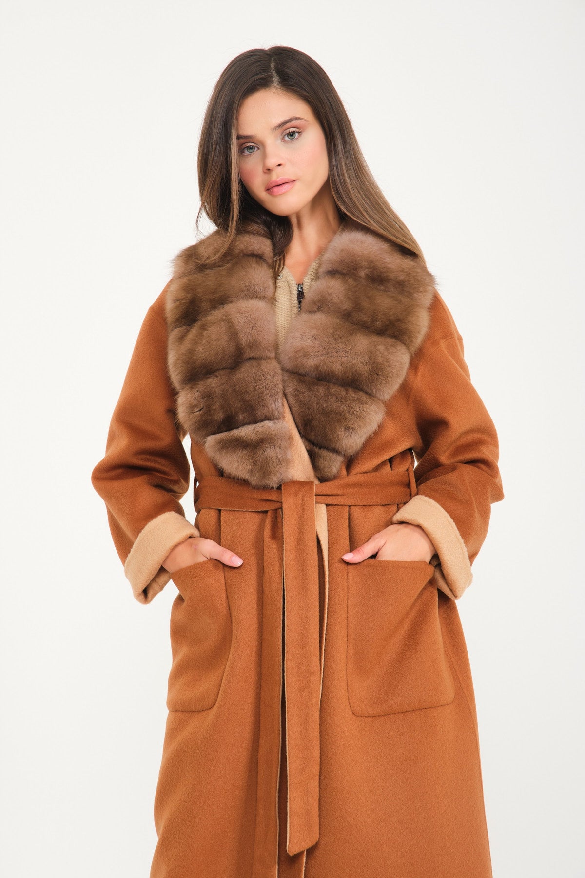 Cinnamon / Beige Wool Long Coat