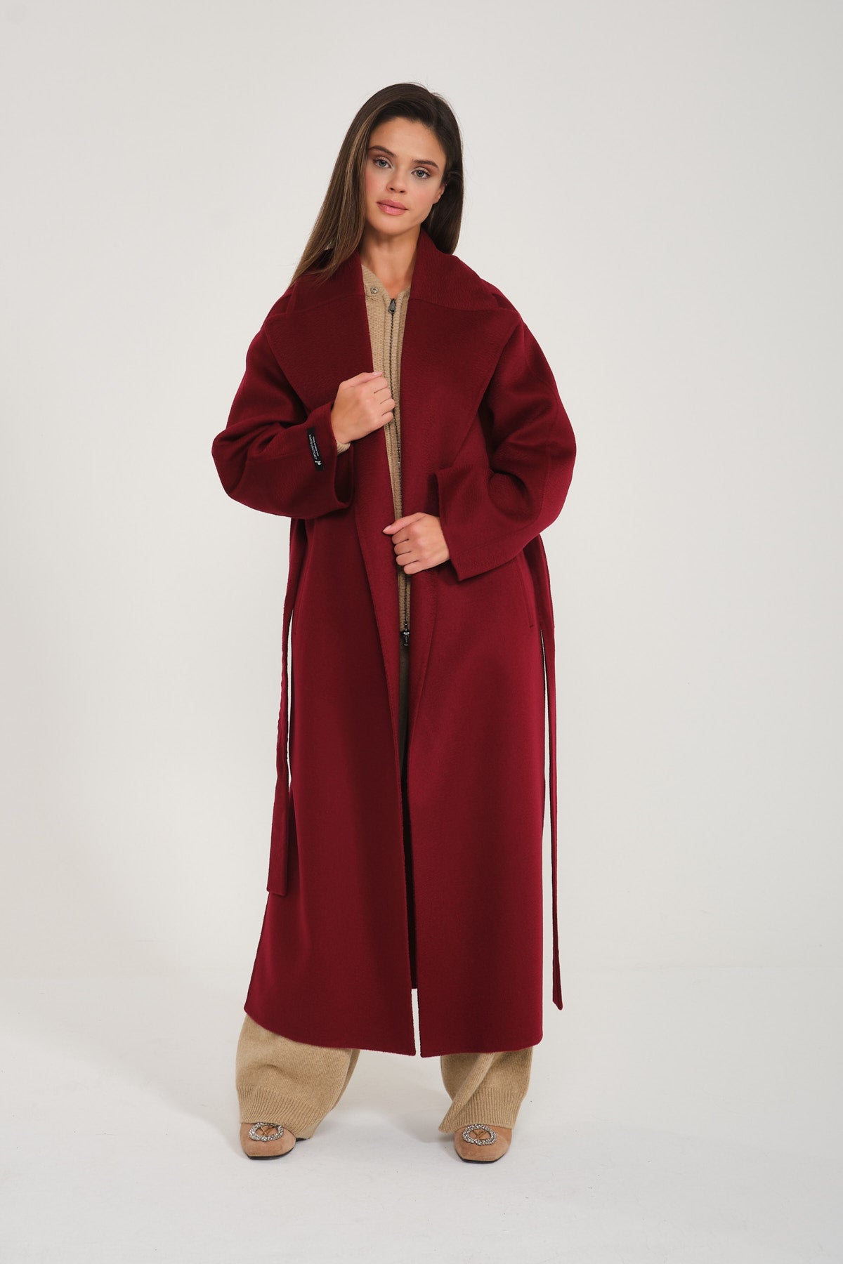 Long burgundy sale wool coat