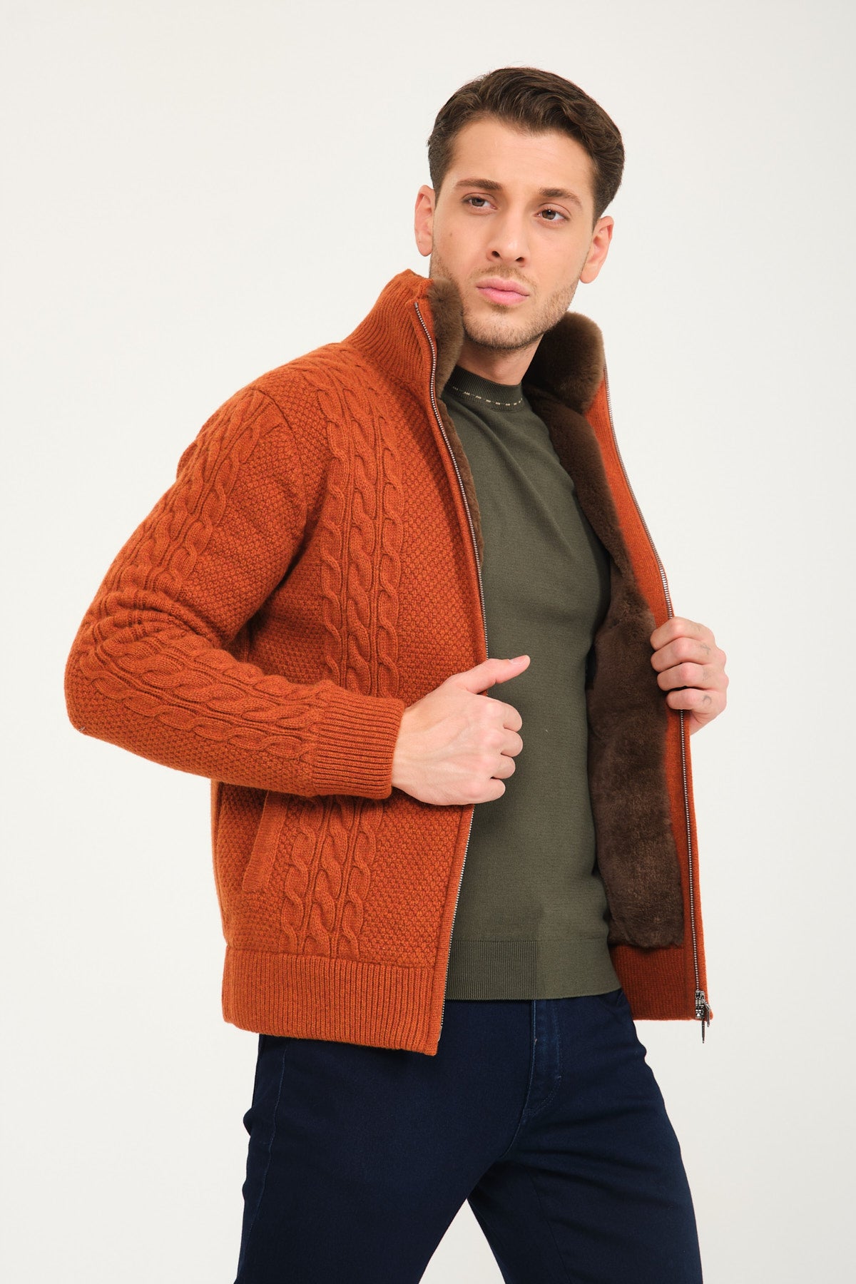 Tile Wool & Rex Fur Knit Cardigan
