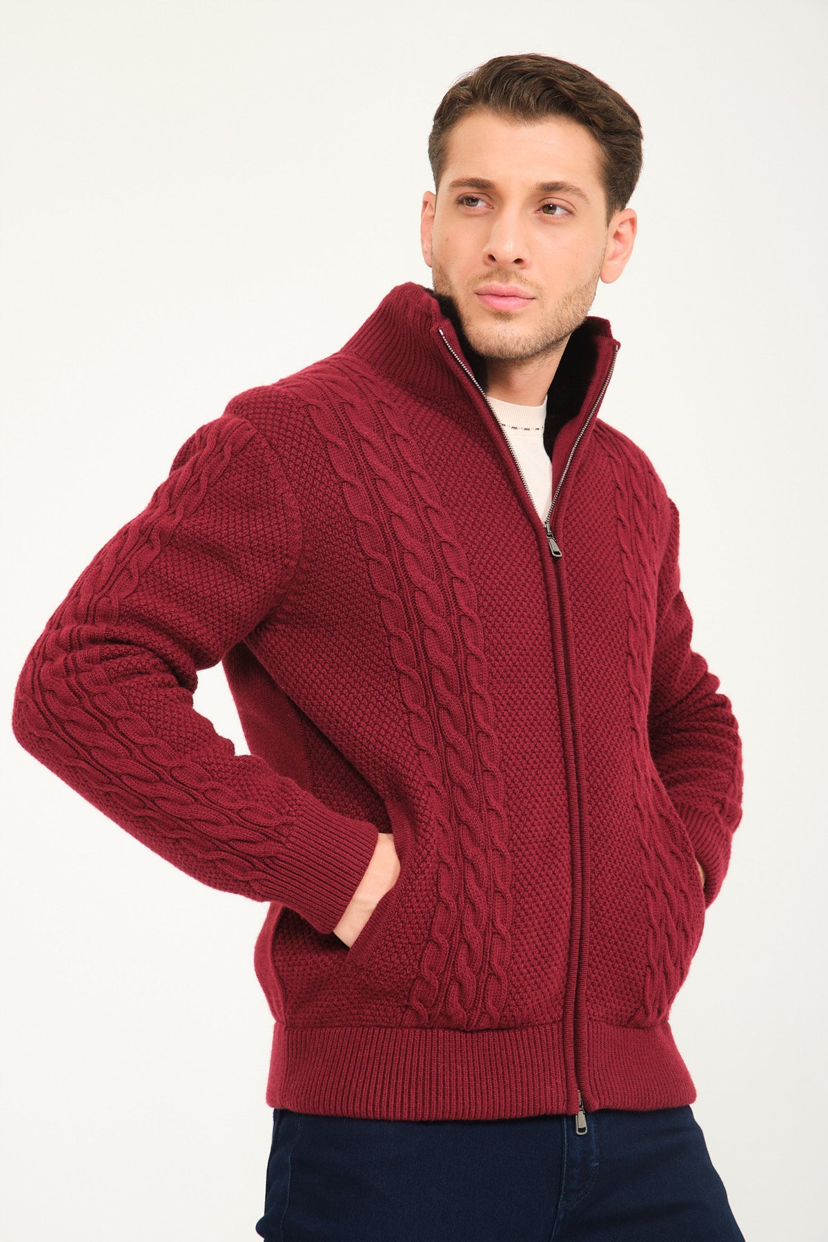 Burgundy Wool & Rex Fur Knit Cardigan