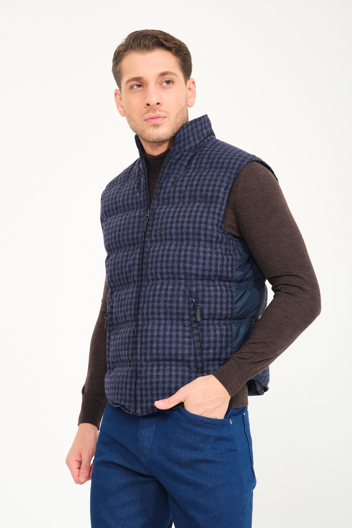 Dark Blue Plaid Pattern Wool Vest