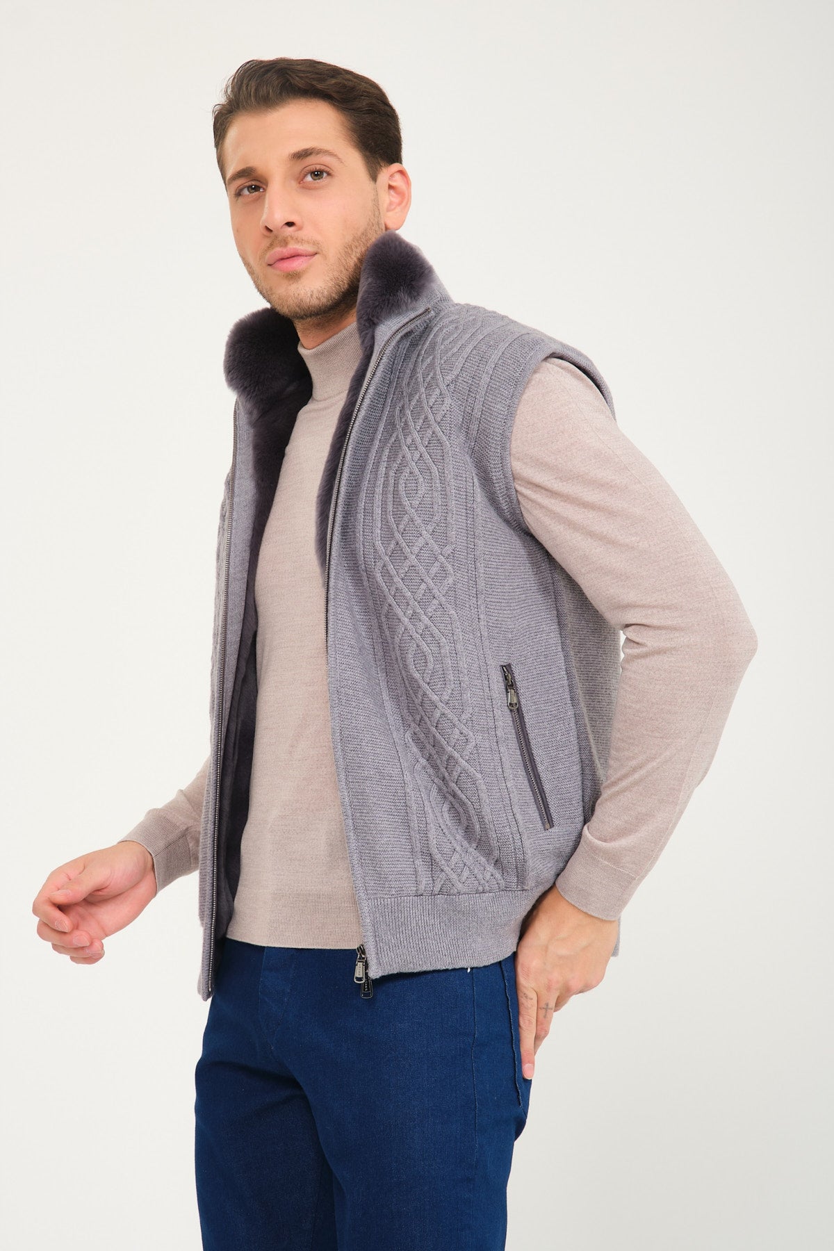 Light Grey Wool & Rex Fur Knit Vest