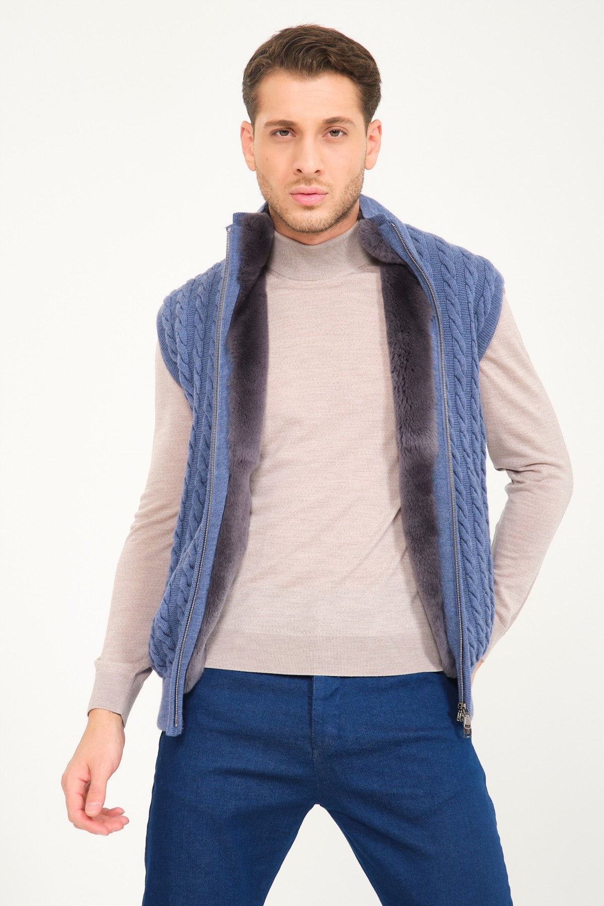 Light Blue Wool & Rex Fur Knit Vest
