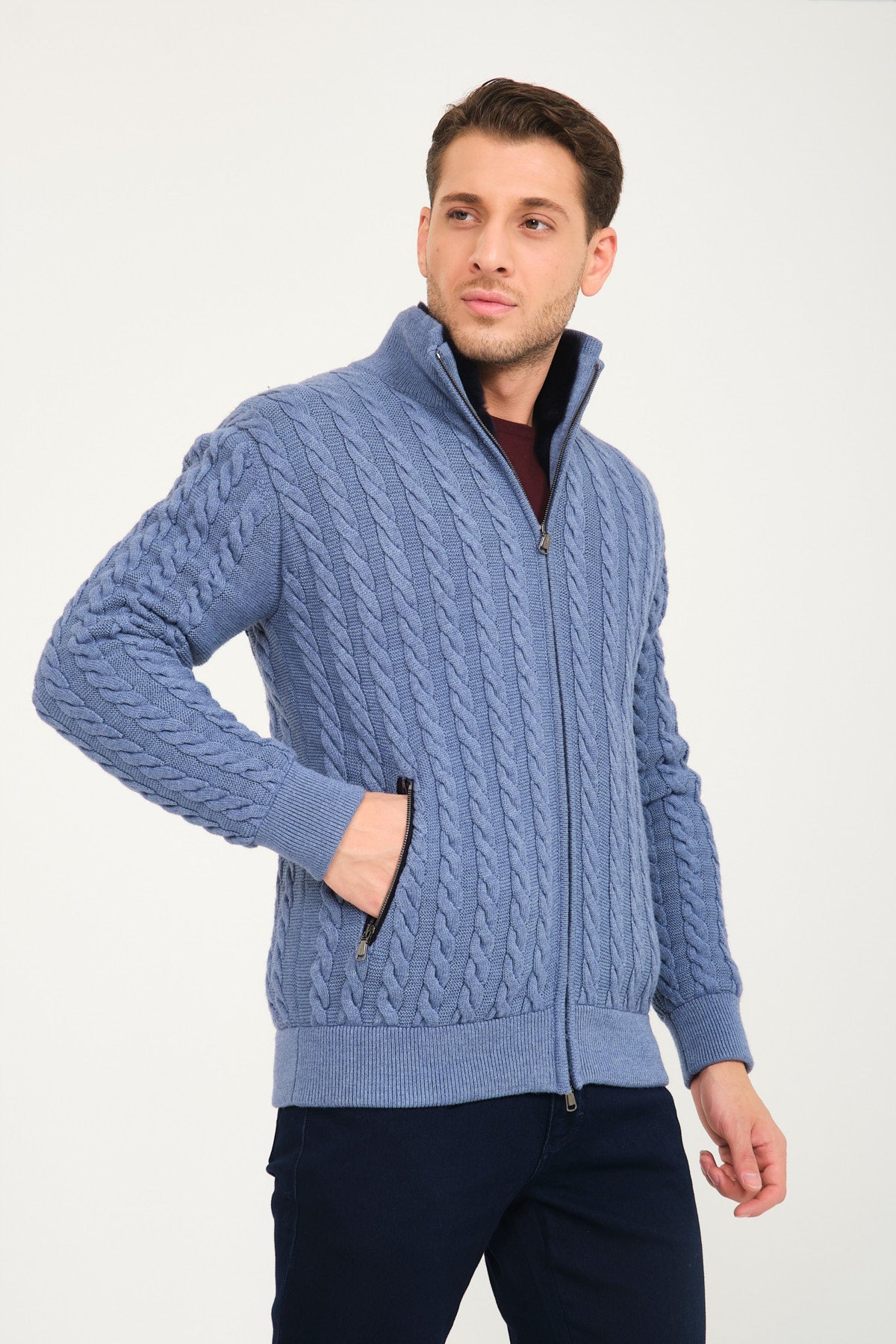 Light Blue Wool & Rex Fur Knit Cardigan