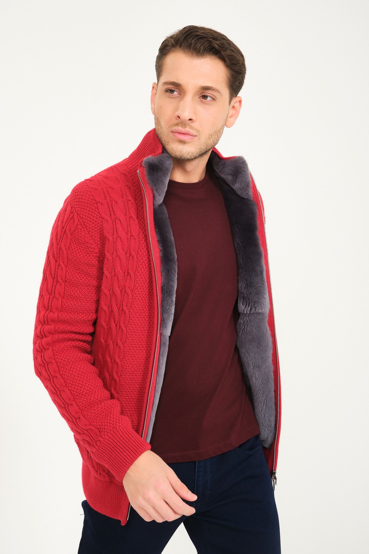 Red Wool & Rex Fur Knit Cardigan