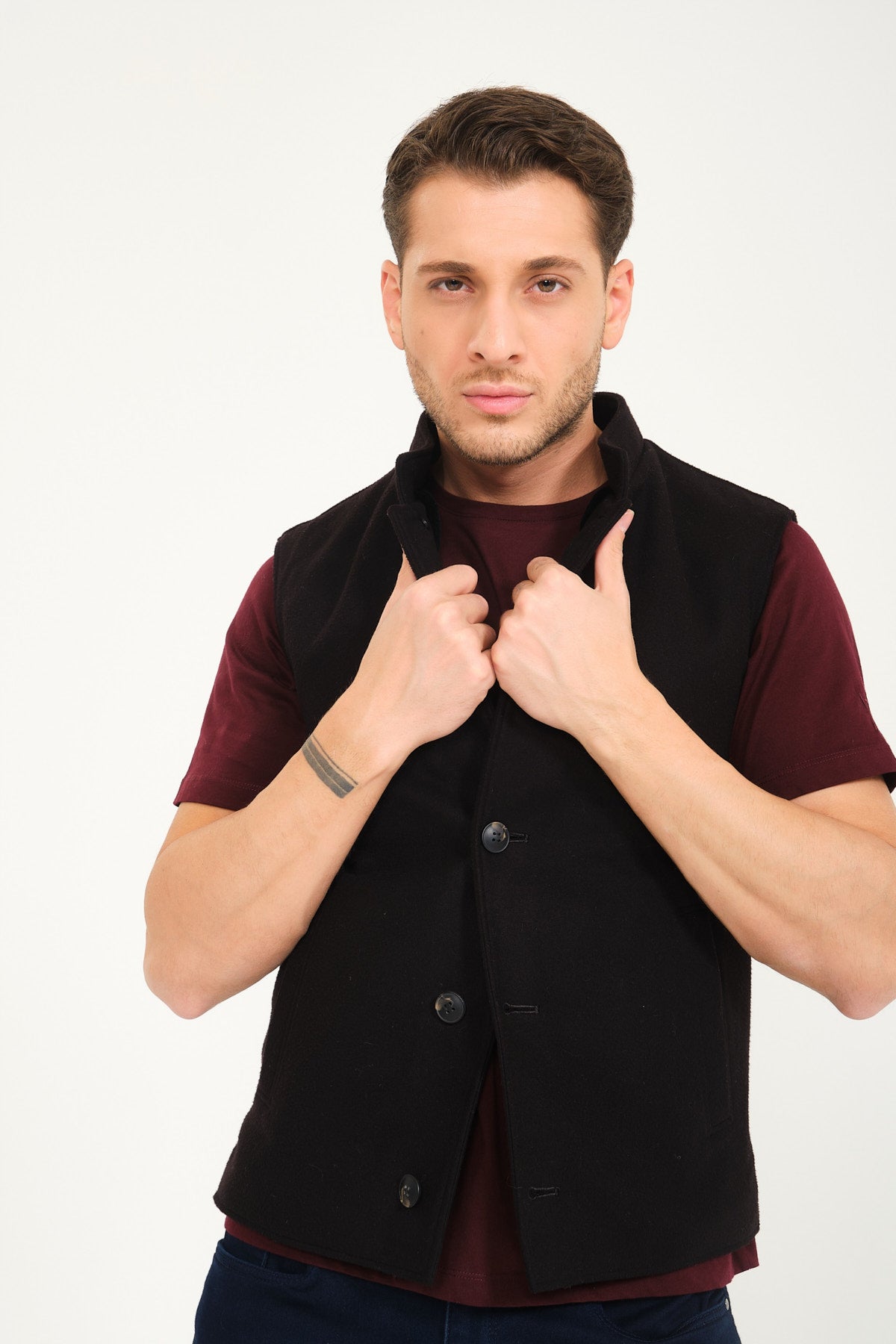 Black Wool & Rex Fur Slim Fit Knit Vest