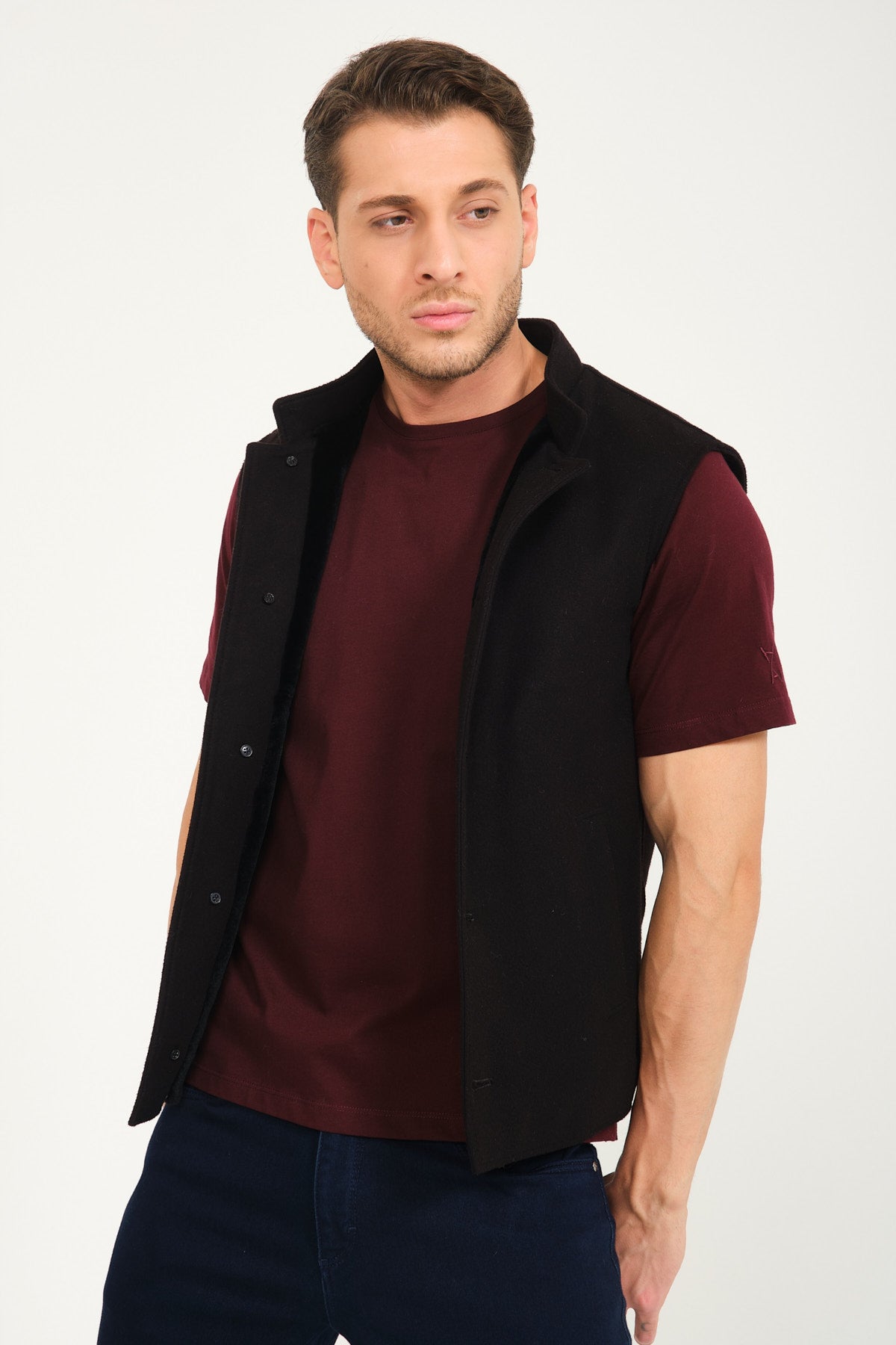 Black Wool & Rex Fur Slim Fit Knit Vest