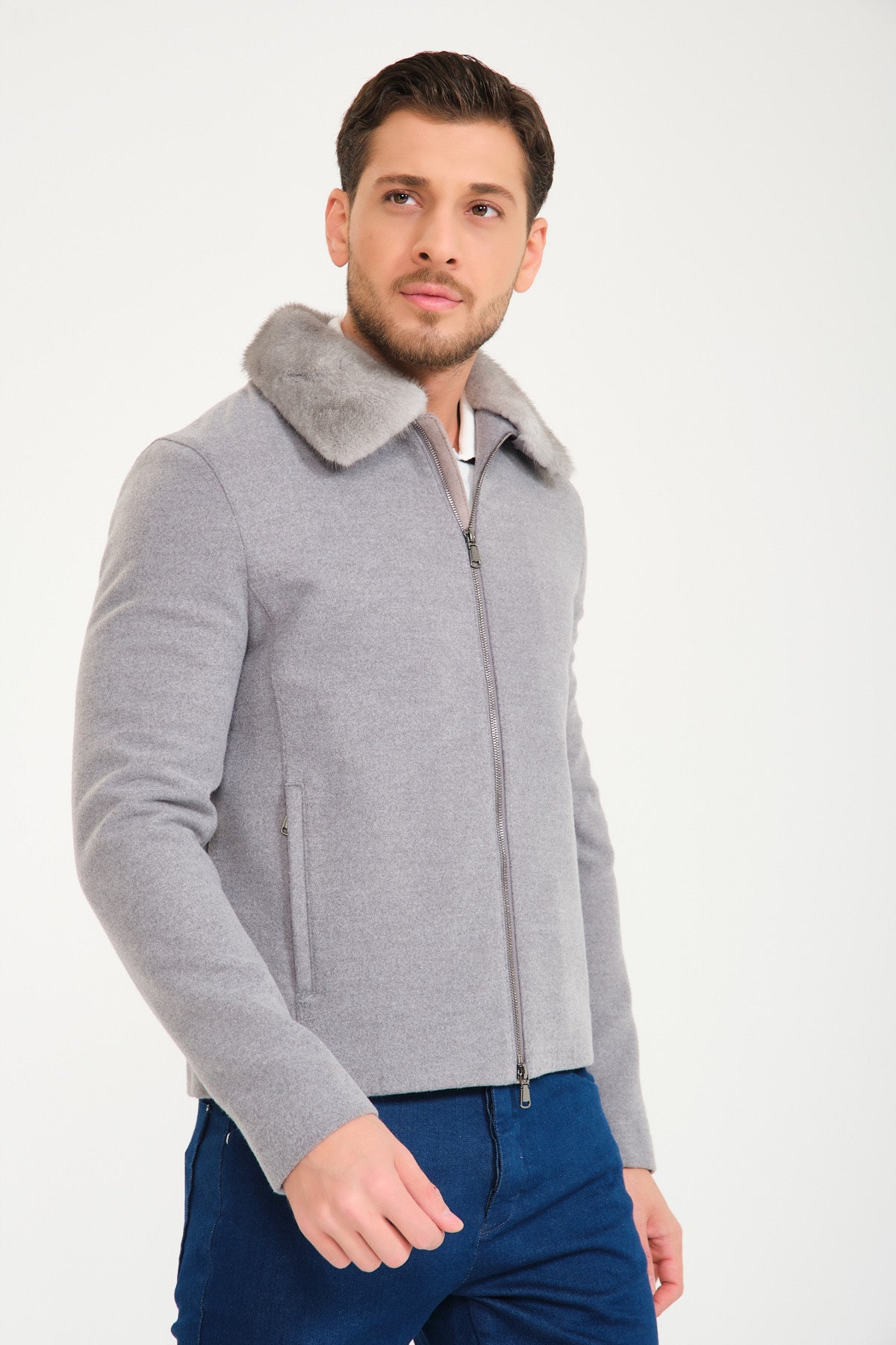 Light Grey Wool & Mink Fur Coat