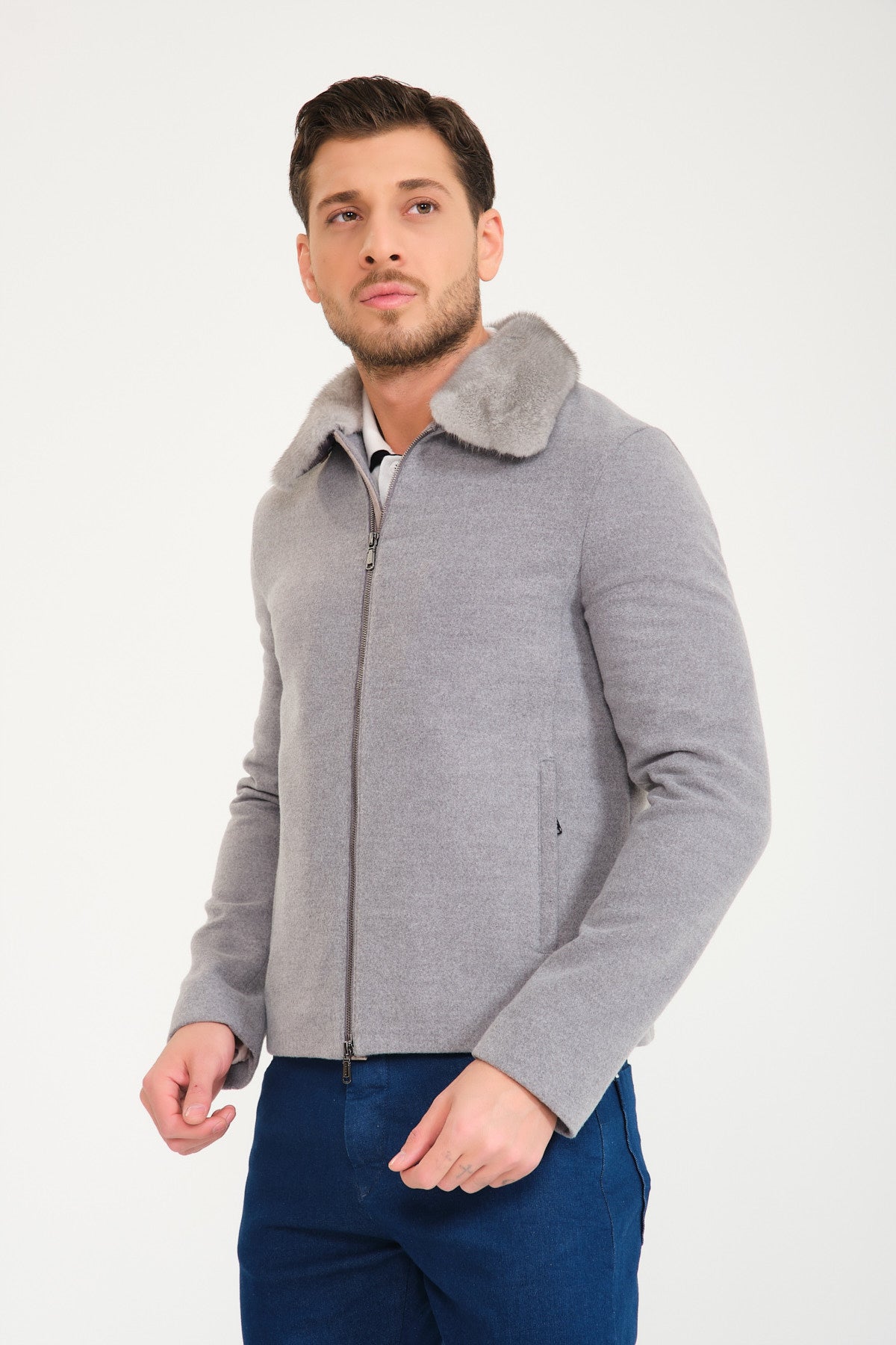Light Grey Wool & Mink Fur Coat