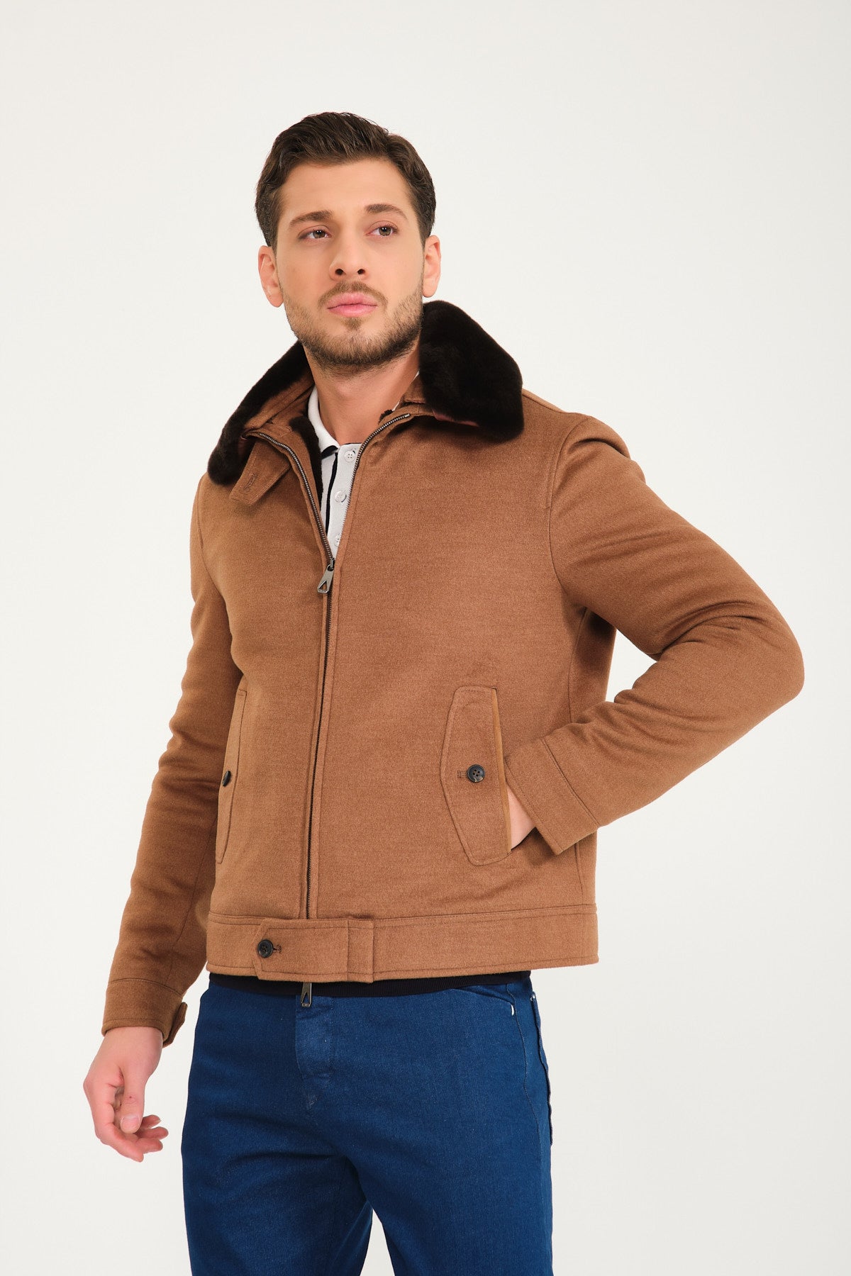 Light Brown Wool & Rex Fur Coat