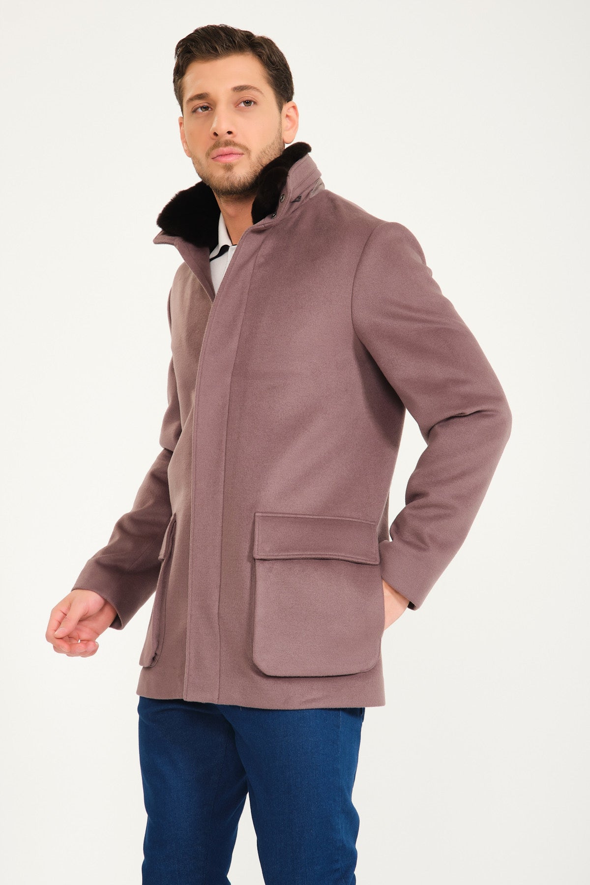 Mouse Color Wool & Rex Fur Coat