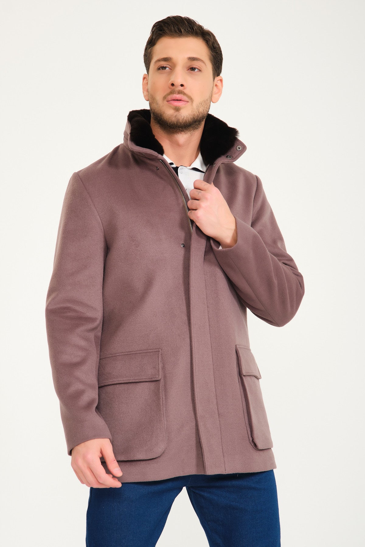 Mouse Color Wool & Rex Fur Coat