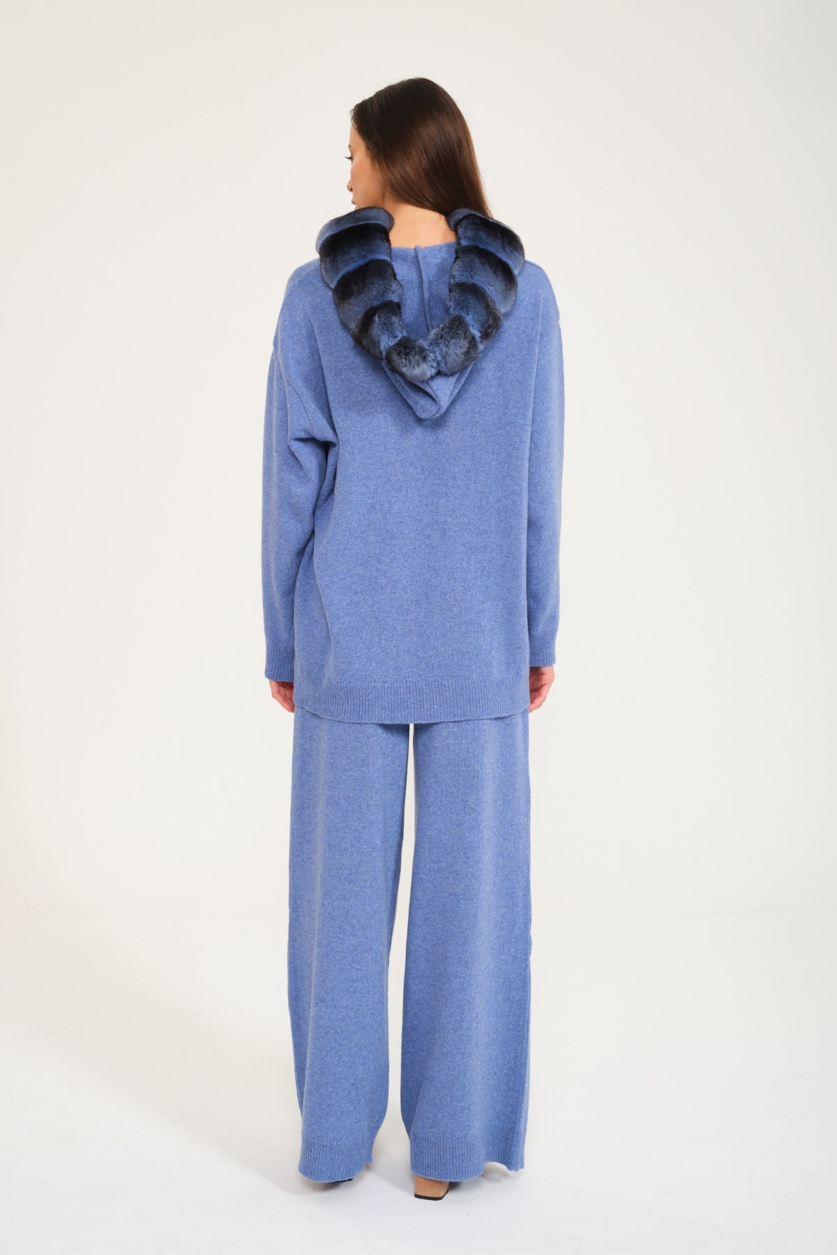 Blue Chinchilla Fur Lined Hoodie & Pants Set