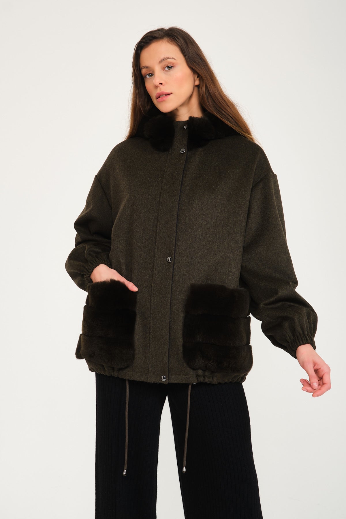 Khaki Wool & Rex Fur Coat