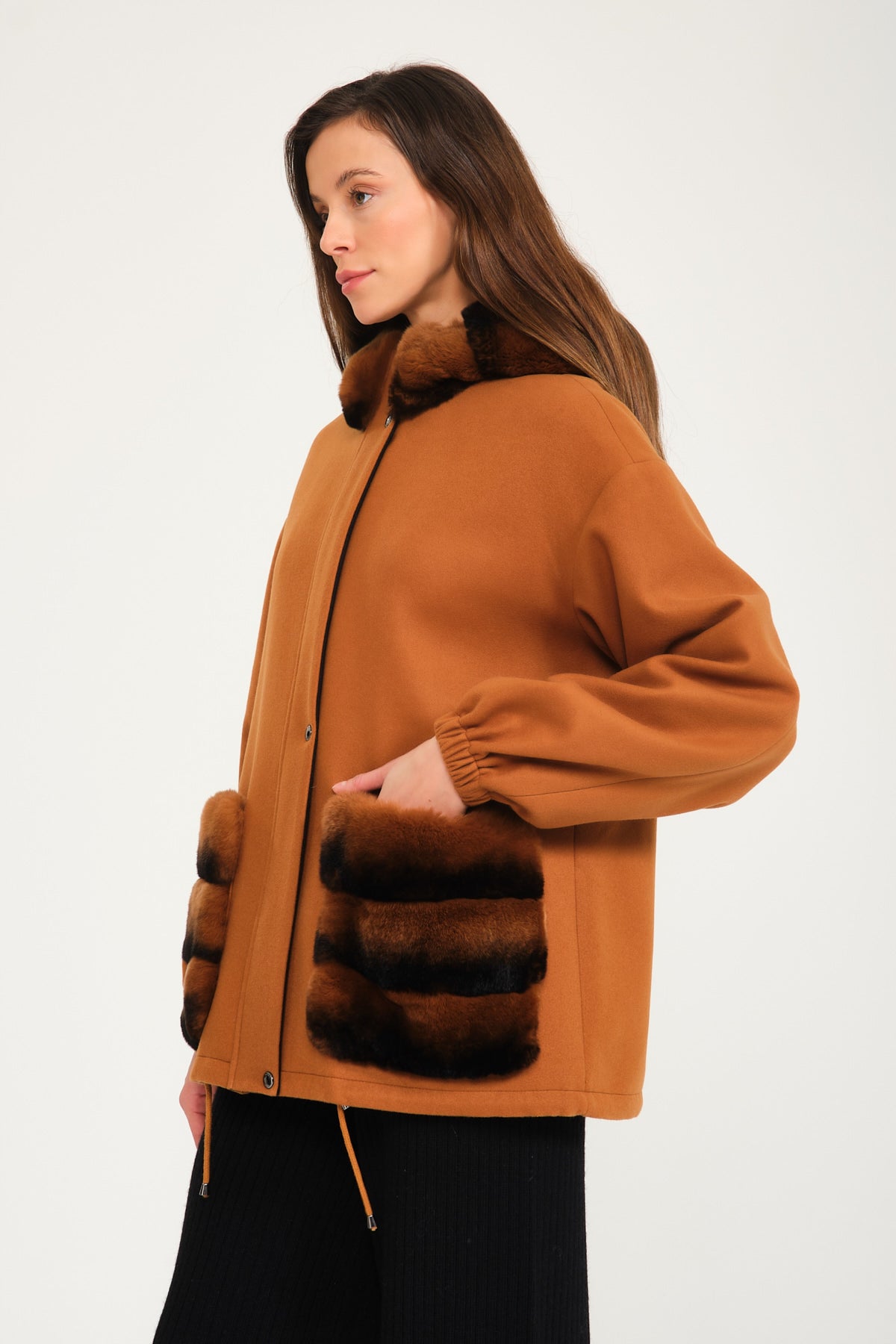 Tobacco Color Wool & Rex Fur Coat