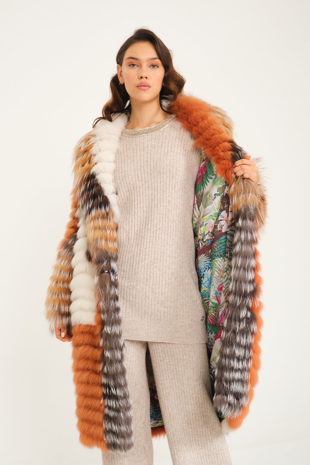 Multicolored Long Silver Fox Fur Coat