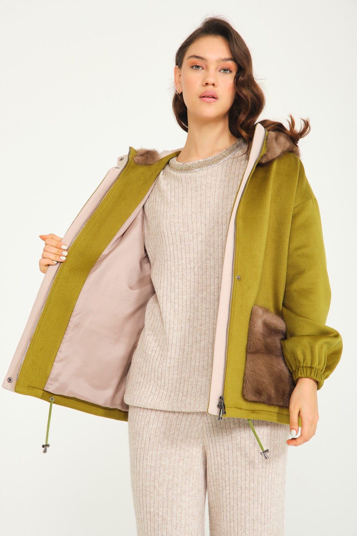 Oil Green Wool & Mink Fur Coat