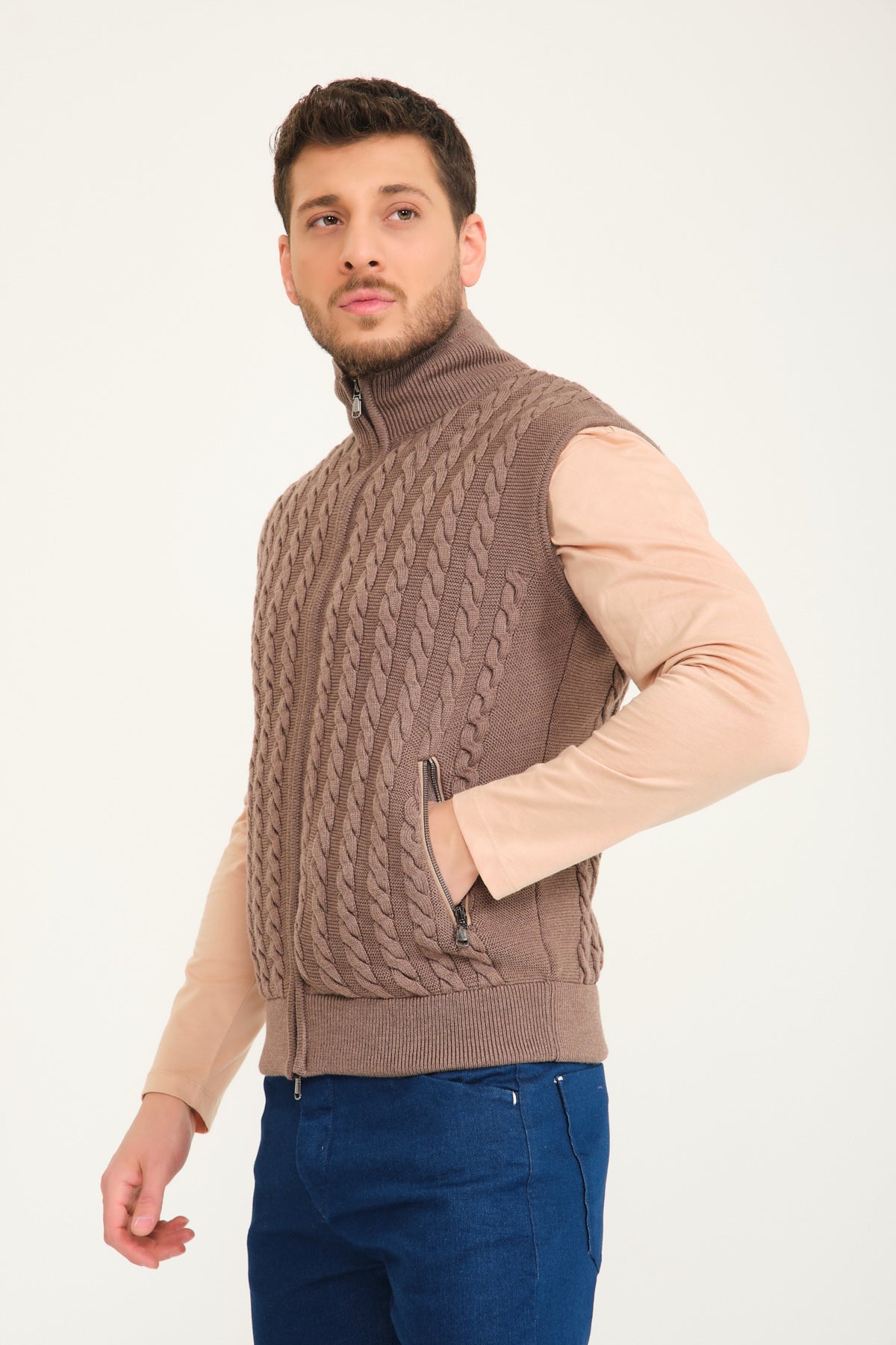 Light Brown Wool & Rex Fur Knit Vest