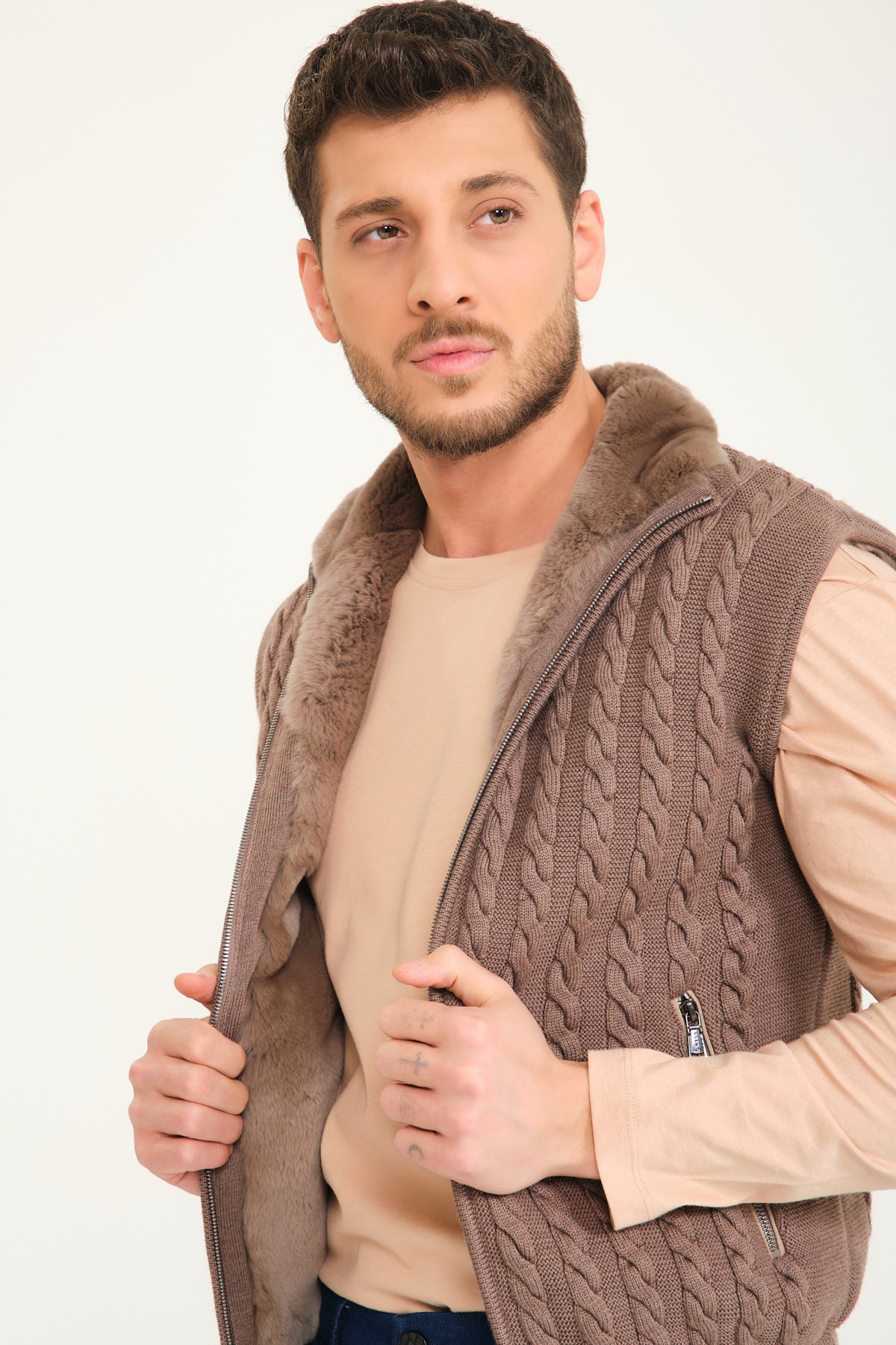 Light Brown Wool & Rex Fur Knit Vest