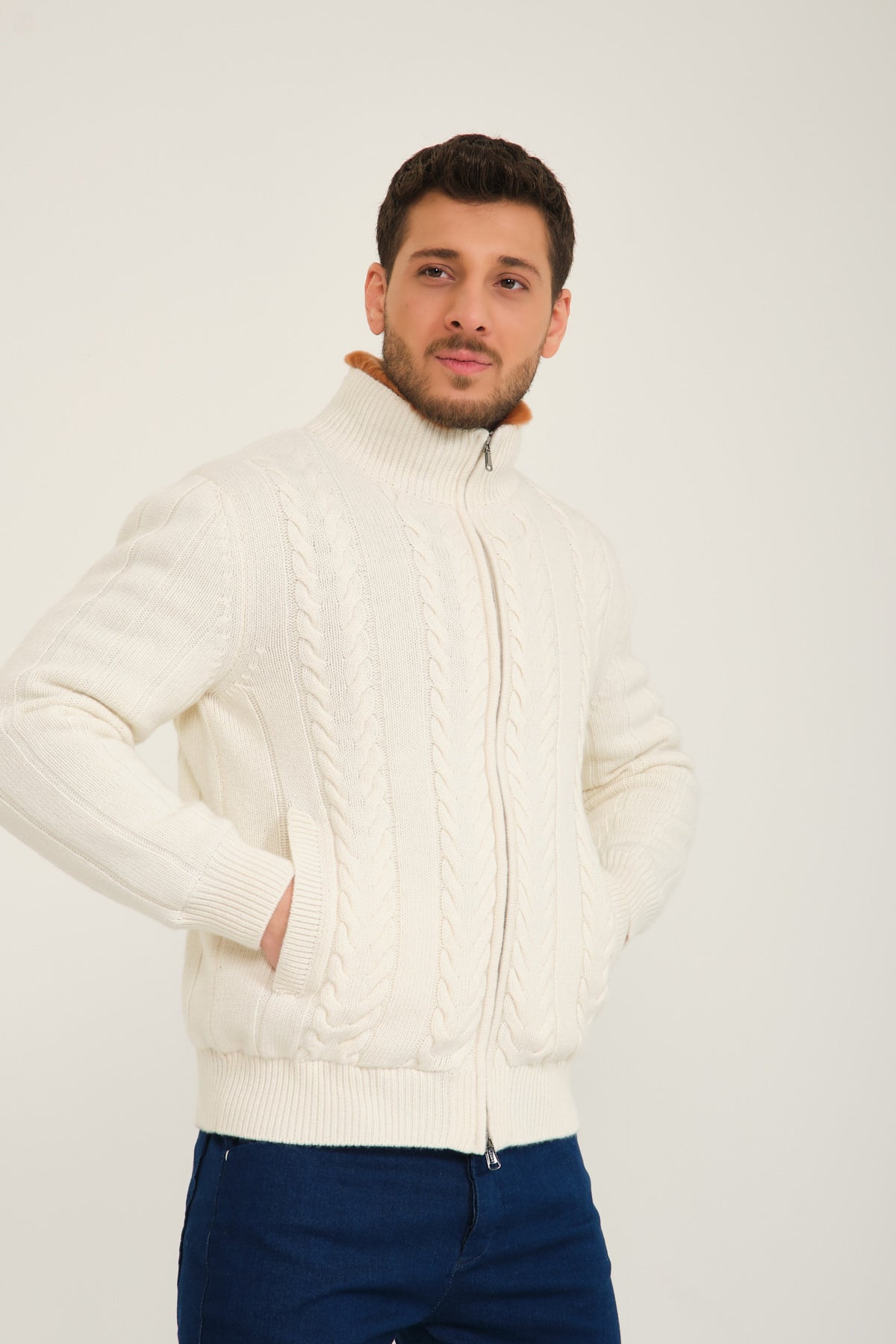 Ecru Wool & Rex Fur Knit Jacket