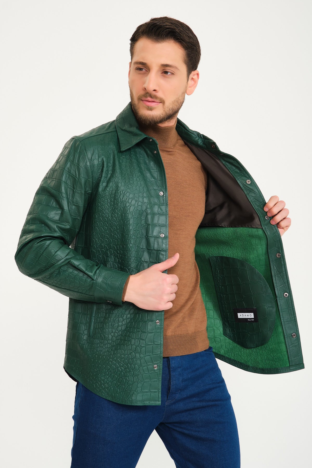 Green Crocodile Pattern Leather Jacket