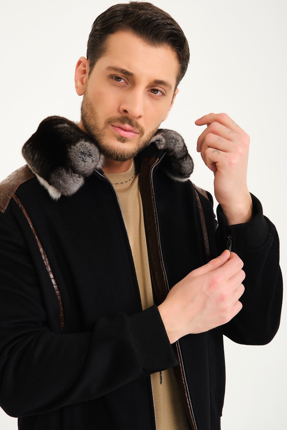 Black Wool & Chinchilla Fur Coat