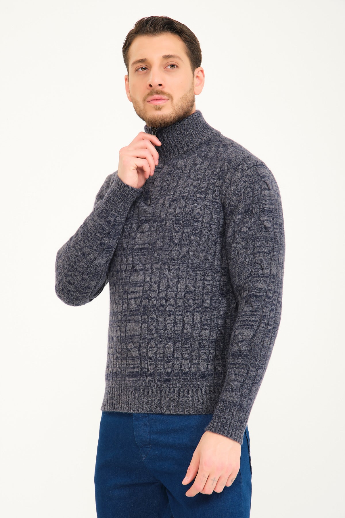 Blue Melange Wool Knit Sweater