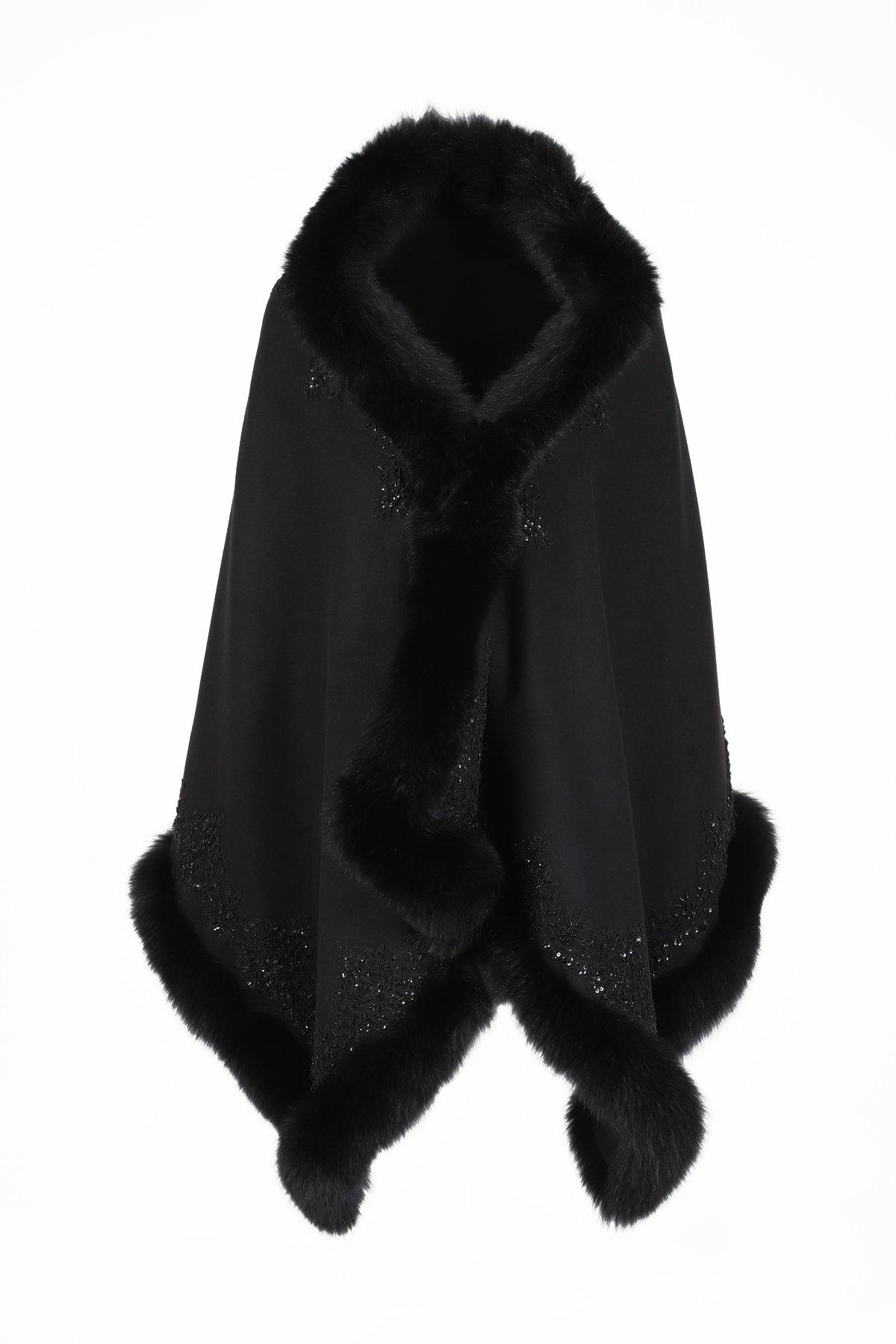 Black Fox Fur Lined Wool Shawl