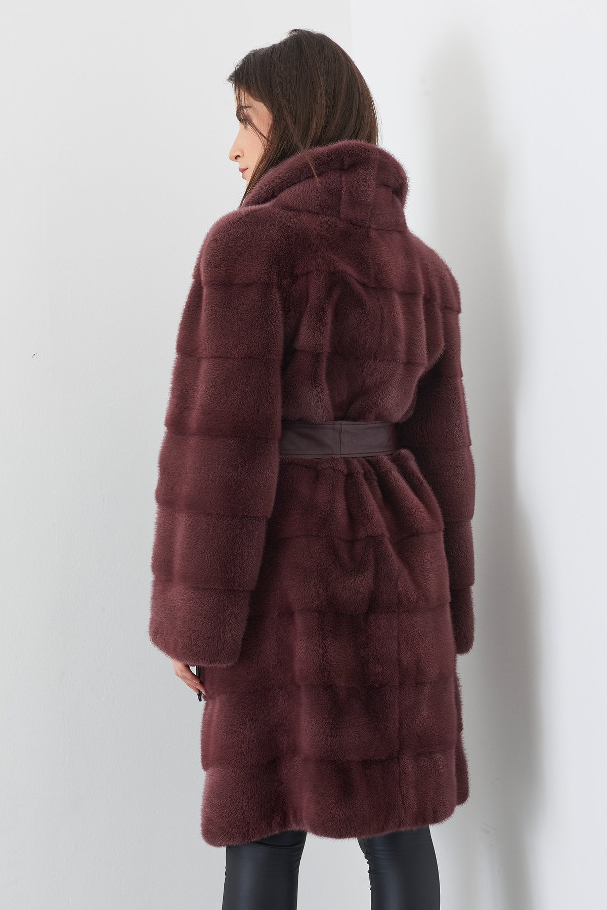 Burgundy Long Mink Fur Coat