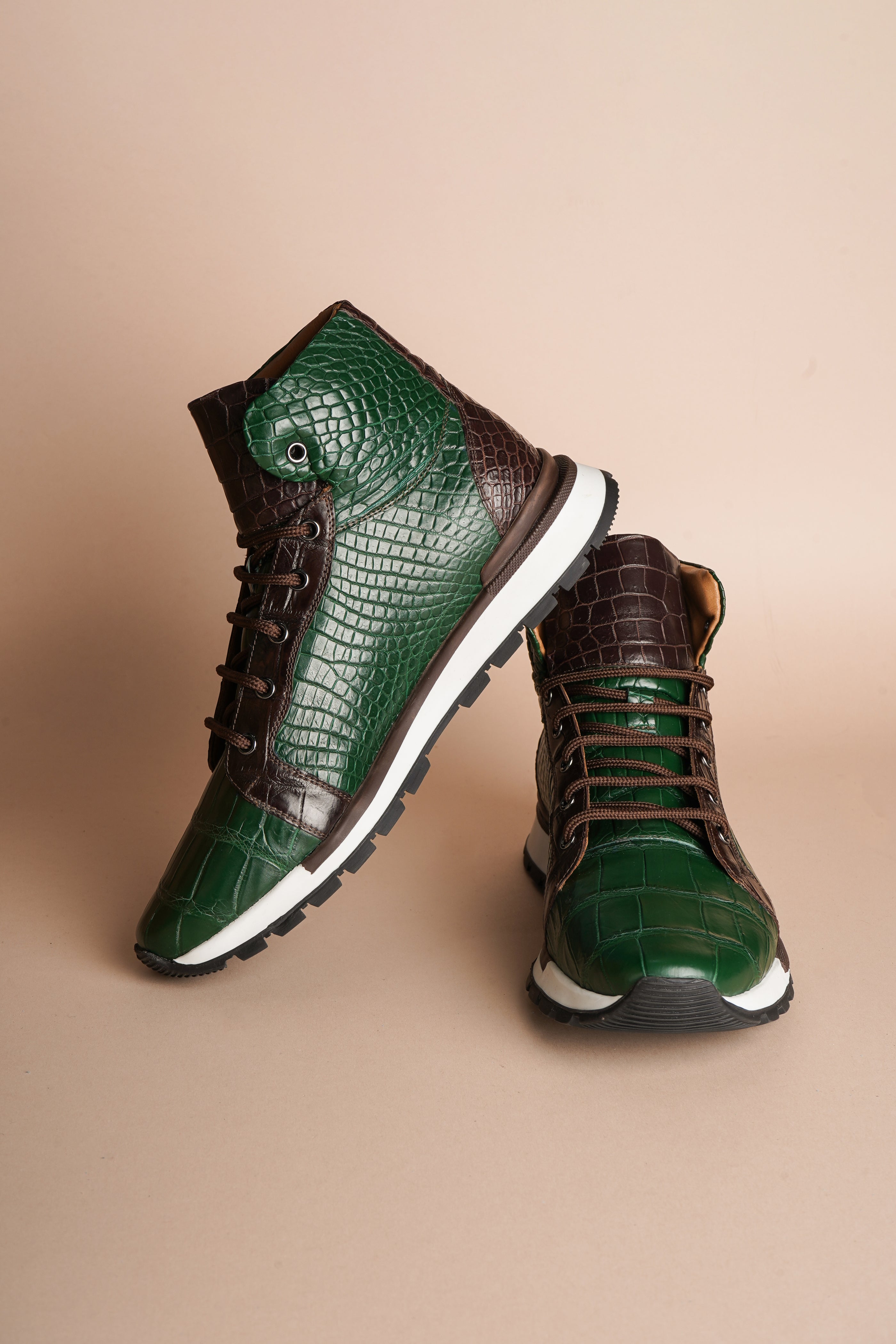Green & Brown Crocodile Leather Sneakers