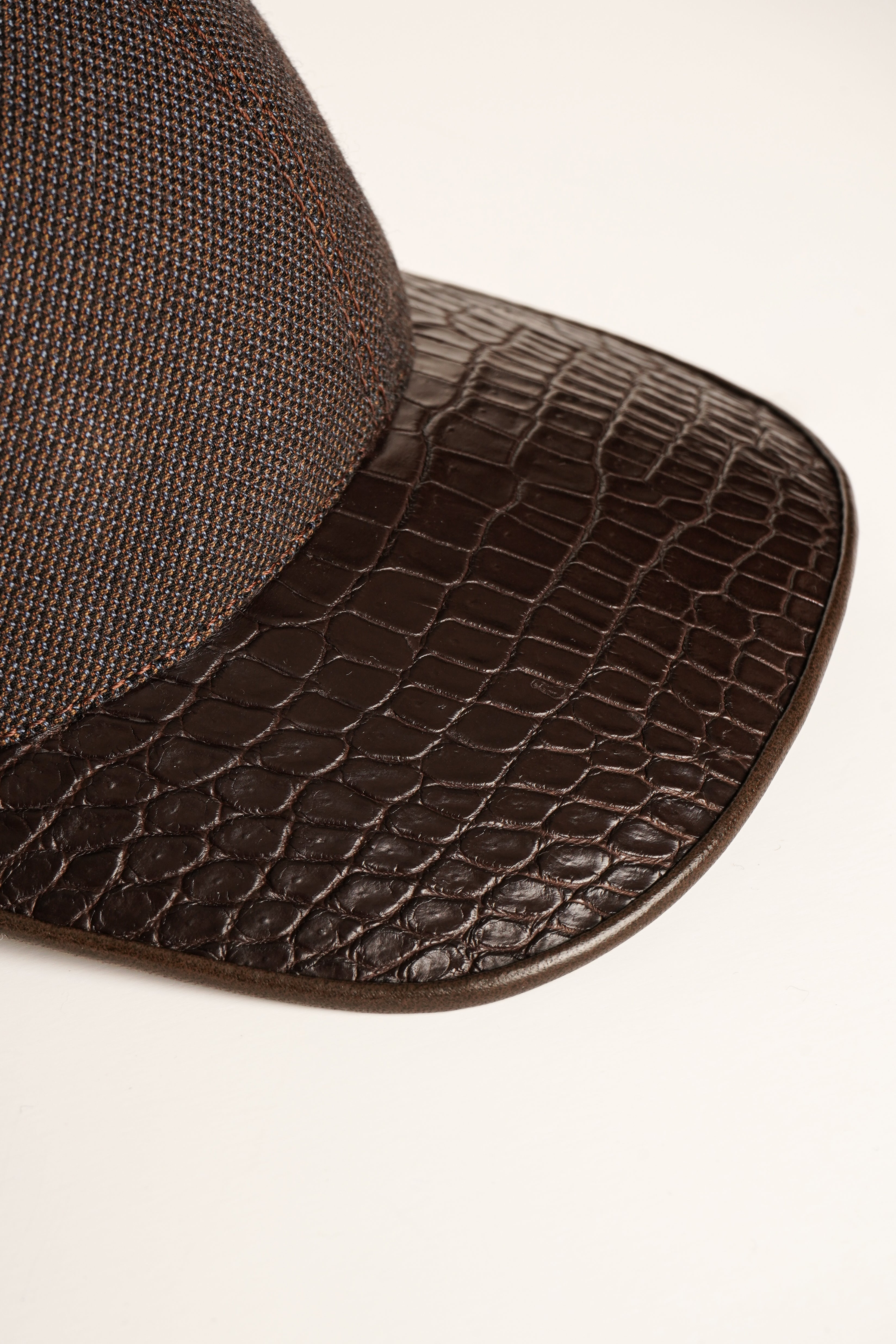 Brown Textile & Crocodile Leather Cap