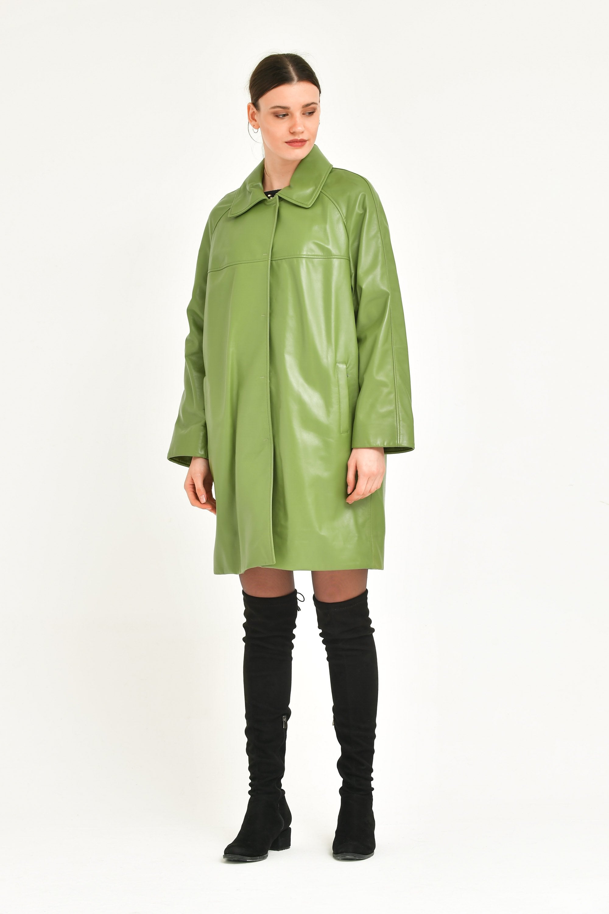Green Long Leather Coat