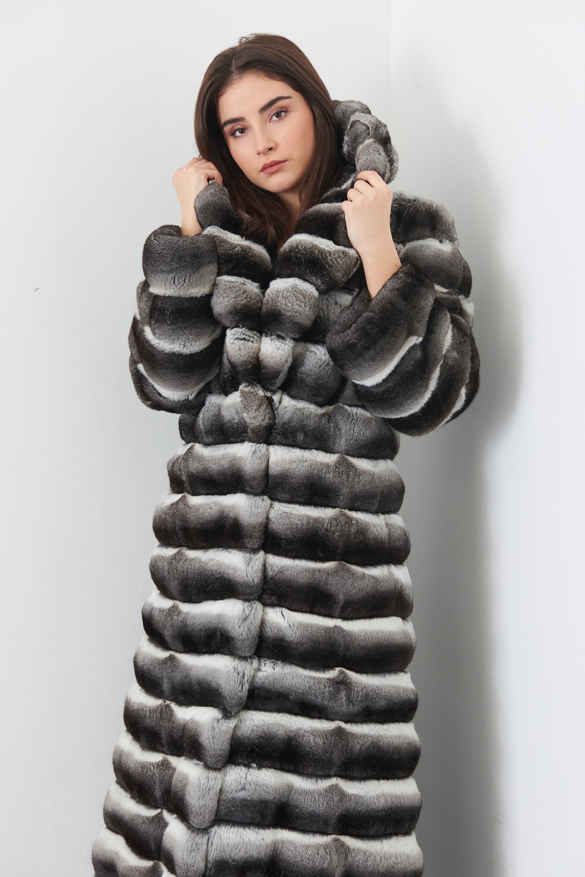 Chinchilla fur coat Hooded
