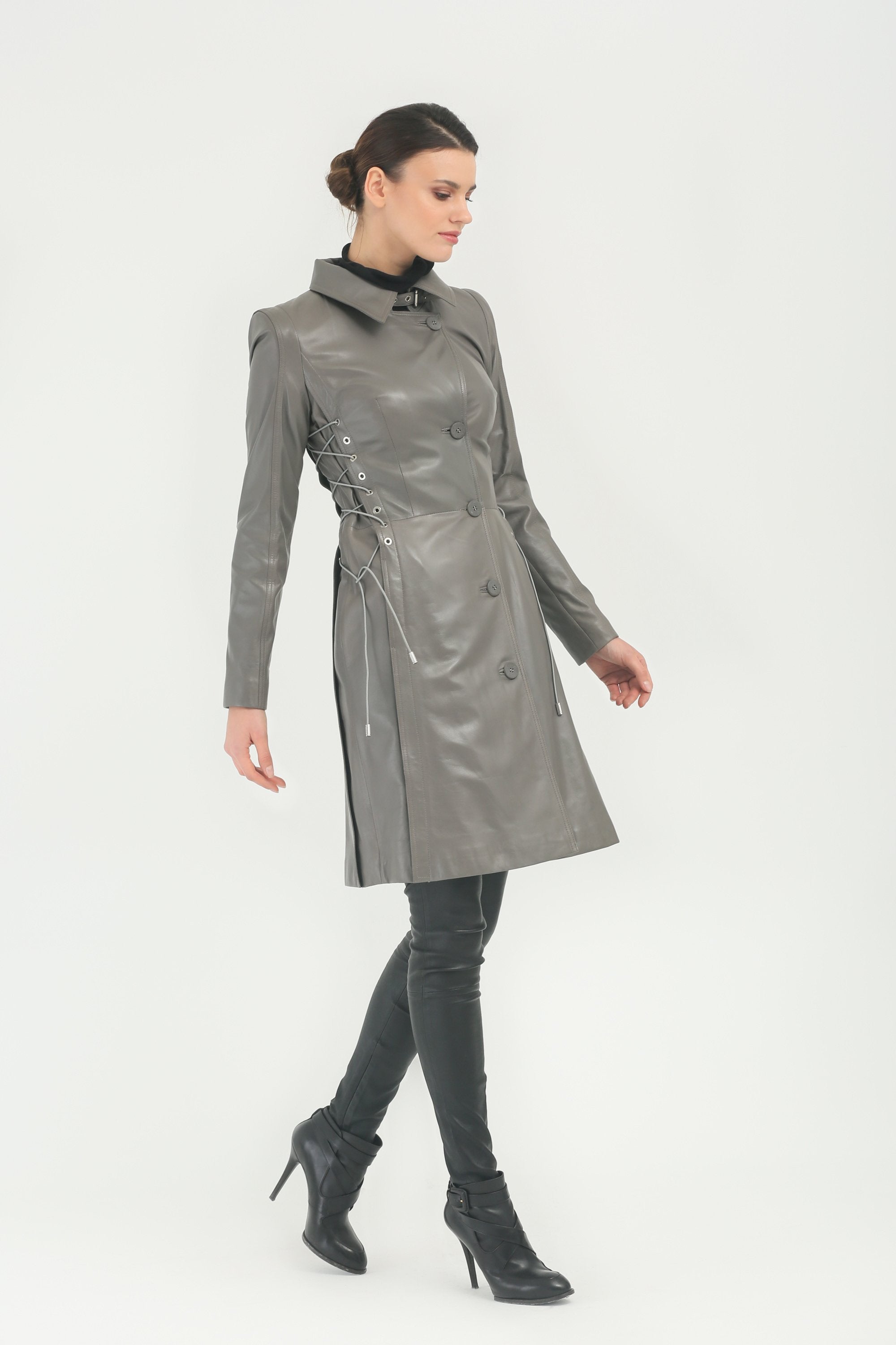 Grey Long Leather Coat