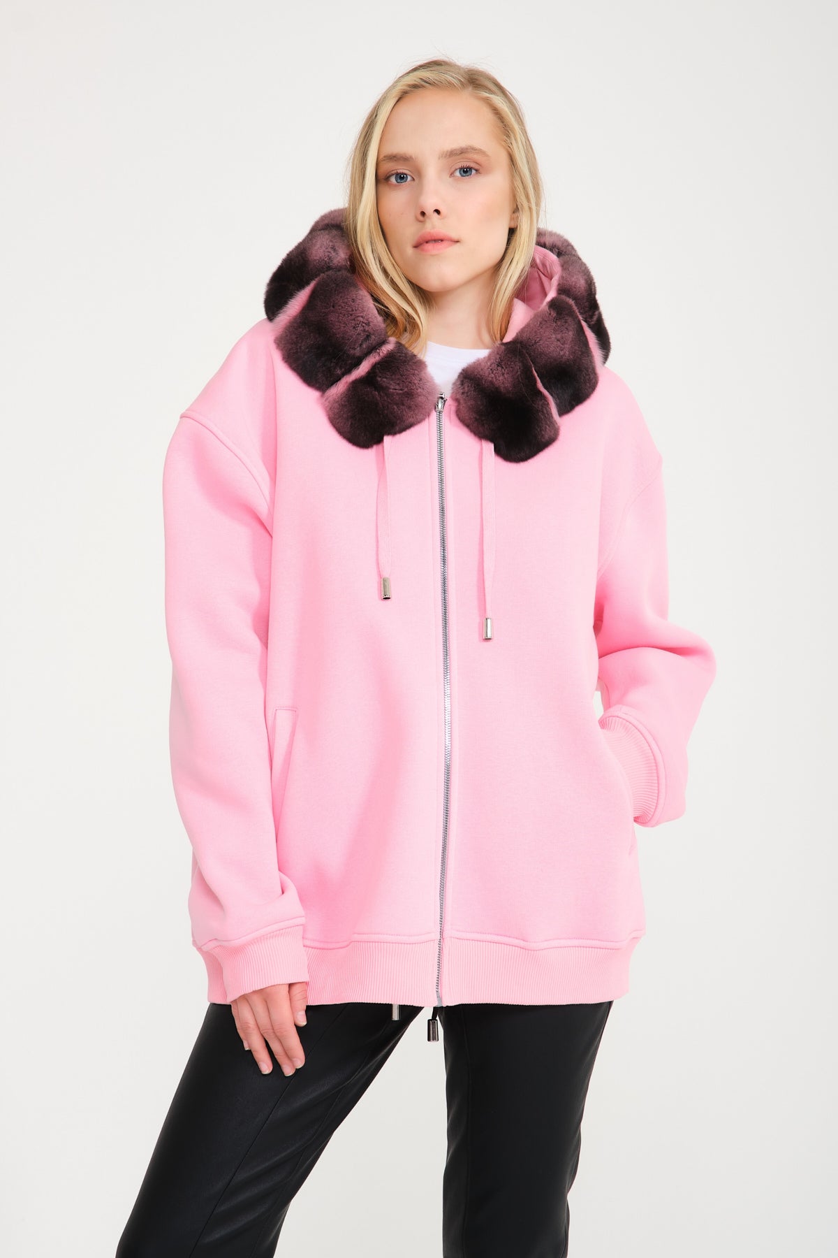 Pink Chinchilla Fur Lined Zipped Hoodie