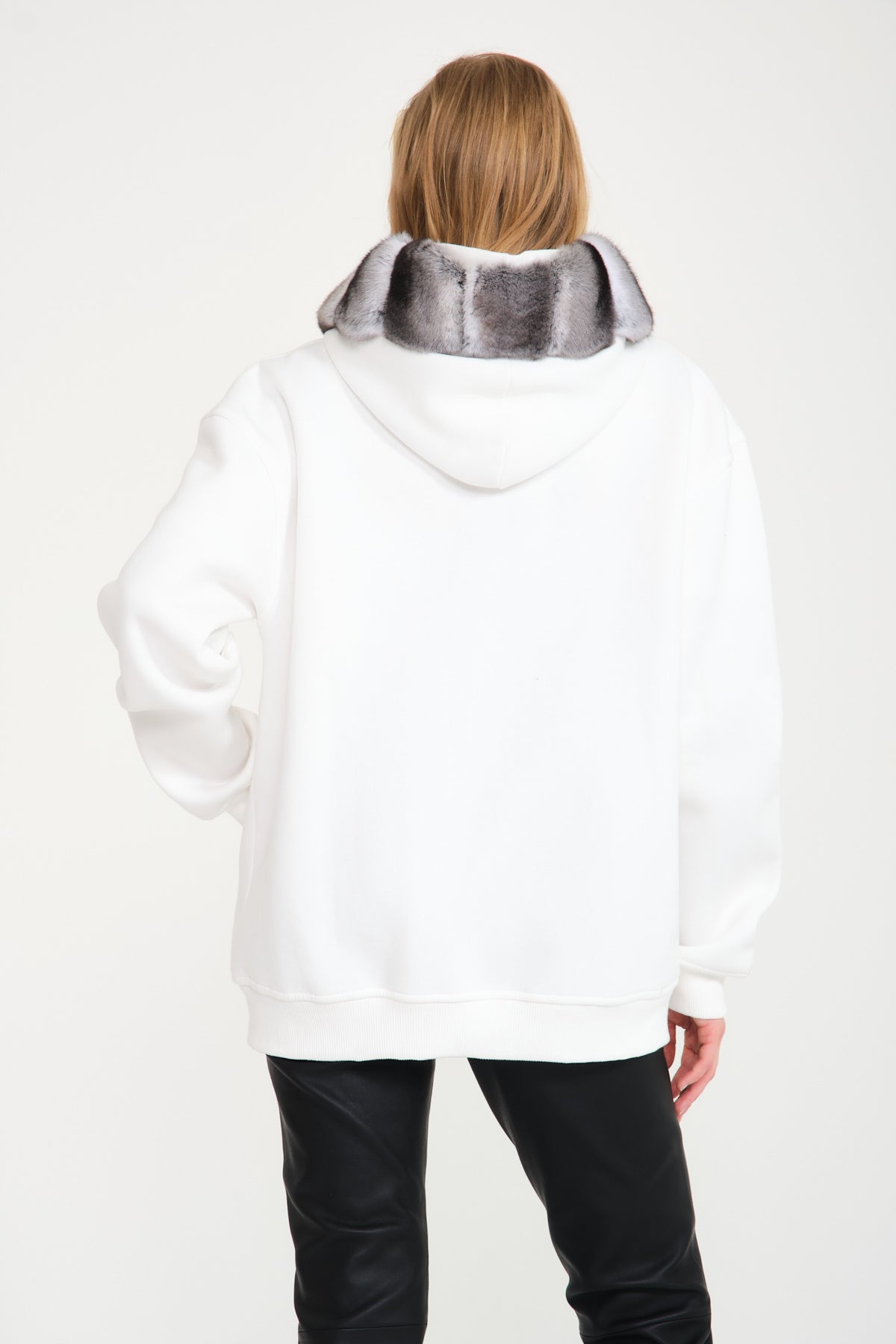 White Chinchilla Fur Lined Zipped Hoodie