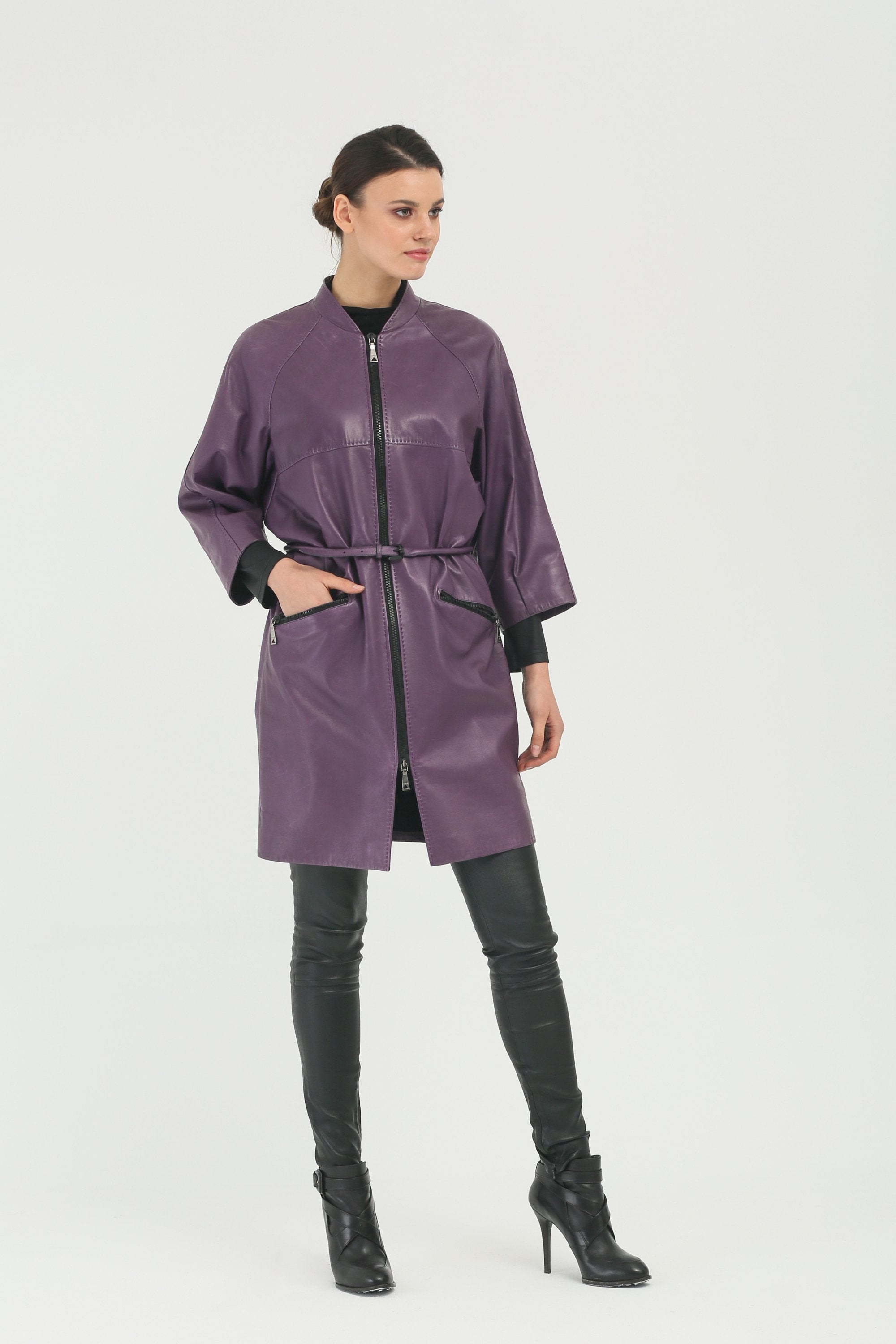 Purple Long Leather Coat