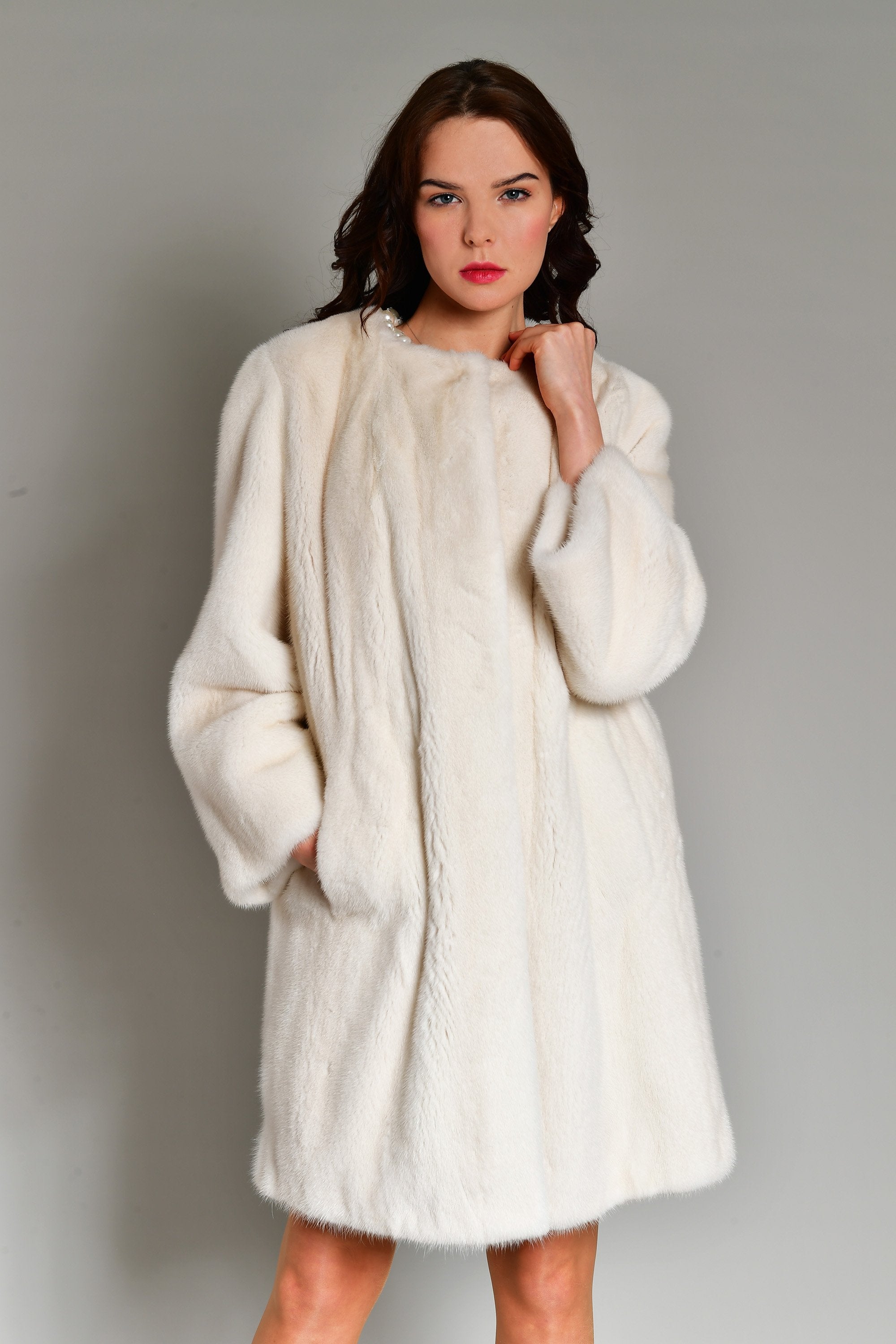 White Long Mink Fur Coat