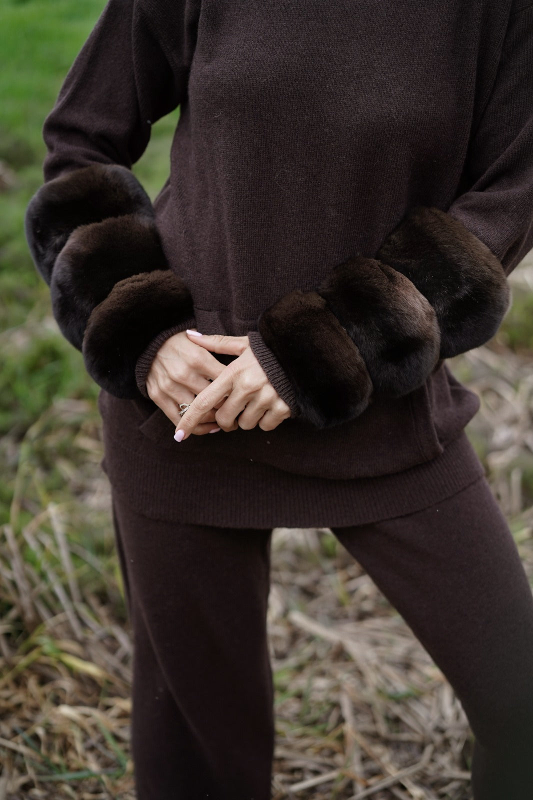 Brown Chinchilla Fur Lined Knit Set